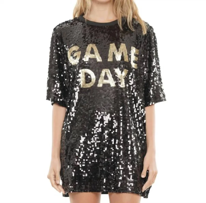 Game Day Sequin T-Shirt Dress In Black & Gold Long Sleeve Sequin