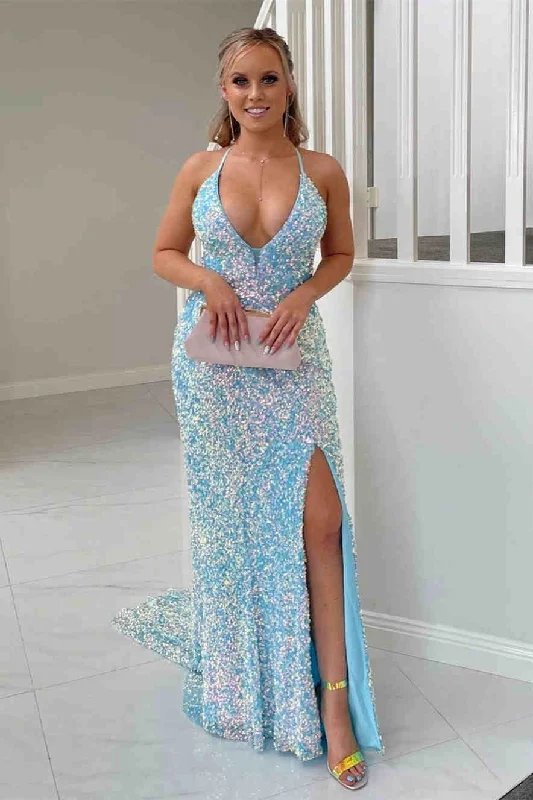 Glitter Halter Light Blue Sequined Prom Dress Sequin Dress Twist