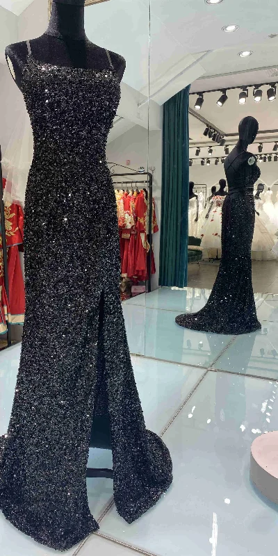 Glitter Mermaid Scoop Neck Black Sequins Long Prom Dresses with Cross Back Y1793 Strapless Sequin Dress