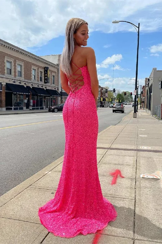 Glitter Straps Hot Pink Sequins Prom Dress with Slit Y1679 Sequin Dress Vibe