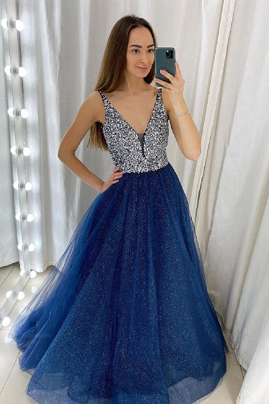 Glitter V Neck Navy Blue Long Prom Dress with Sequins Sequin Dress Look