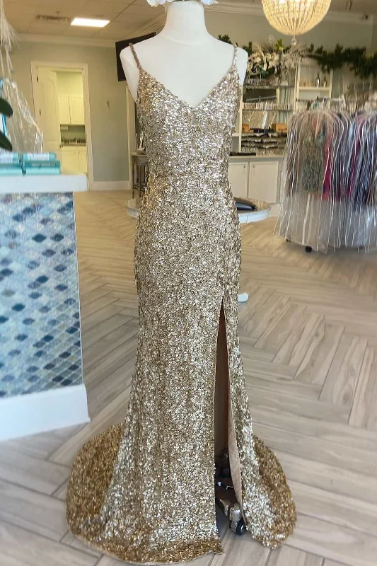 Gold Sequin V-Neck Mermaid Long Prom Gown with Slit Silver Glitter Sequin