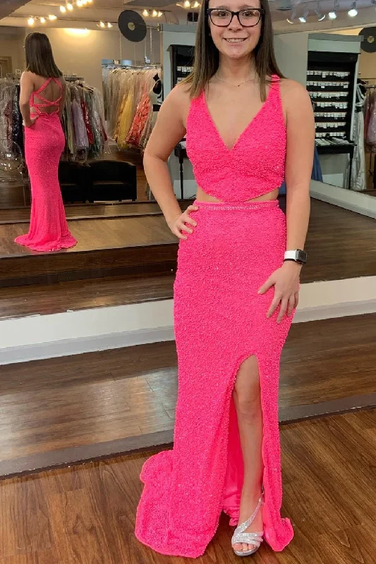 Gorgeous Hot Pink Sequin Mermaid Cutouts Long Prom Dress Bright Sequin Dress