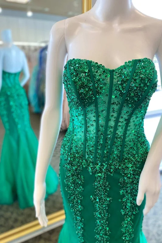 Green Sequin Strapless Mermaid Long Prom Dress Party Wear Sequin