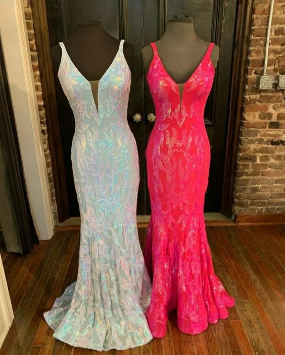 Hot Pink Prom Dress Long Fitted Mermaid Sequin Pageant Gown Y1711 Shiny Sequin Dress