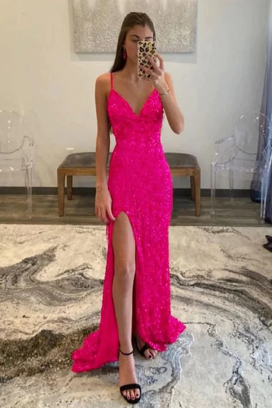 Hot Pink Sequins Glitter Prom Dress with Slit Y1861 Sequin Cocktail Dress