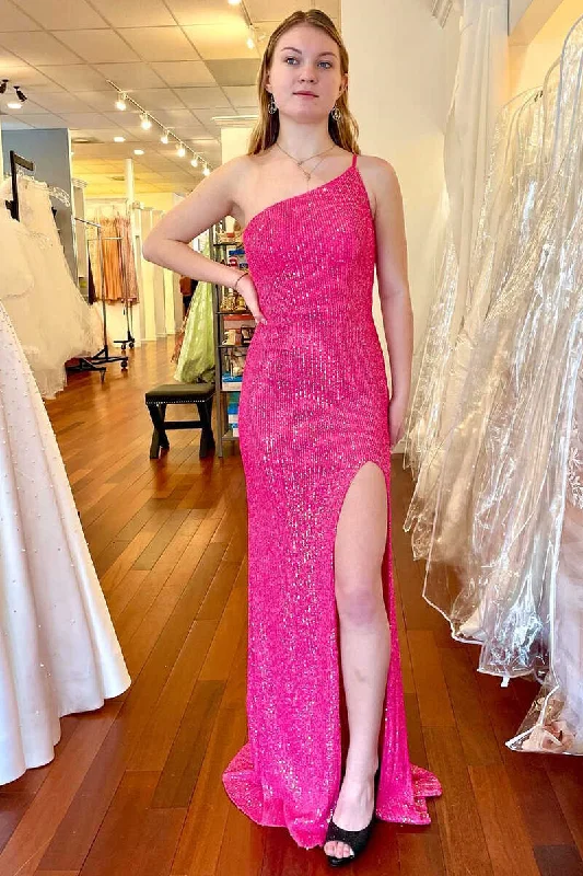 Hot Pink Sequins One-Shoulder Long Prom Dress with Slit Black Sequin Gown