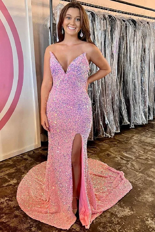 Iridescent Pink Sequin Strapless Mermaid Long Prom Dress with Slit Vintage Sequin Dress