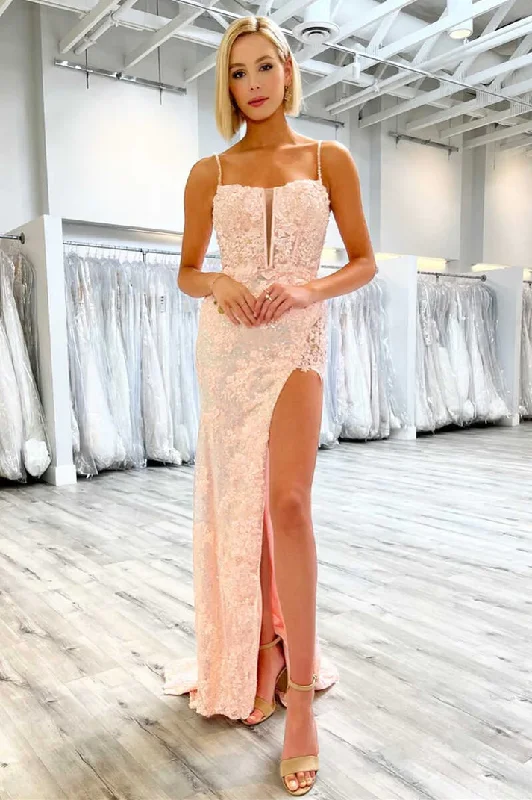 Sequins Lace Spaghetti Straps Long Prom Dress with Slit Y1680 Satin Sequin Dress