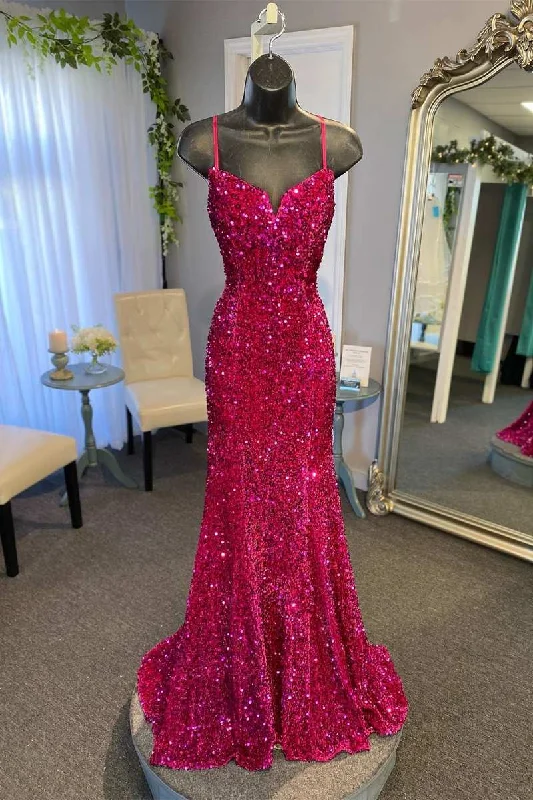 Magenta Sequin Split Neck Mermaid Long Prom Dress Y1694 Sequin Dress Shine