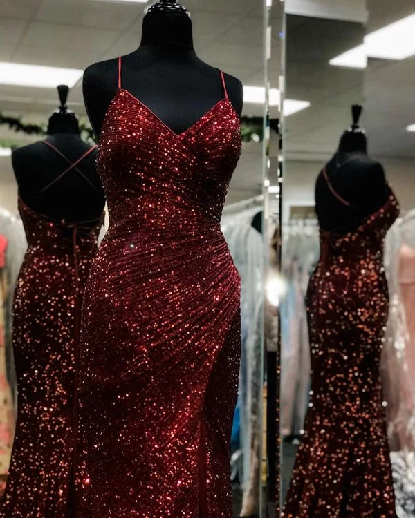 Mermaid Burgundy Sequins Prom Dress,Classic Burgundy Formal Gown Y1545 Sequin Fit Dress