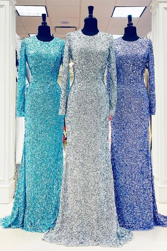 Modest Long Sleeves Sequins Mermaid Formal Dress Sequin Dress Style