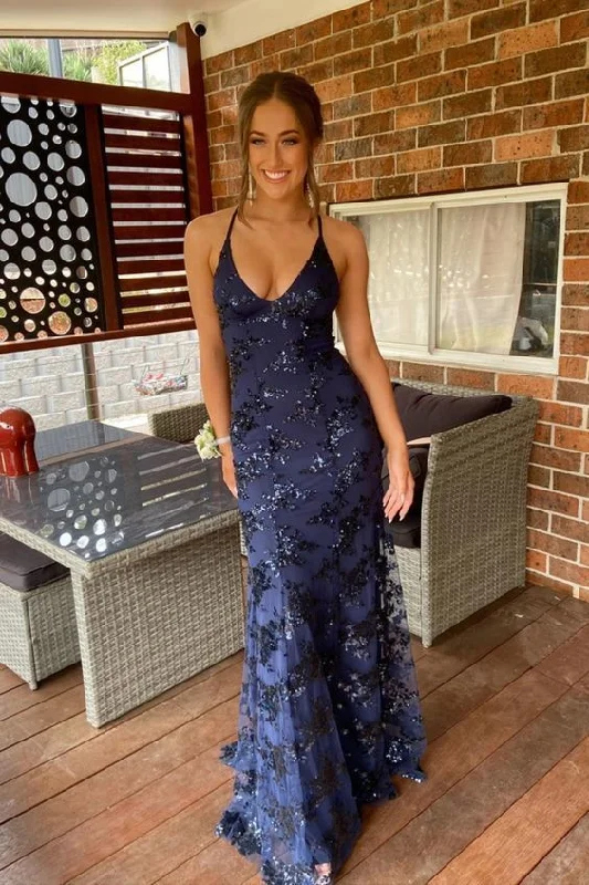 navy blue mermaid tulle and sequins long formal prom dress with v neckline and lace up back Y1563 Sequin Dress Trend