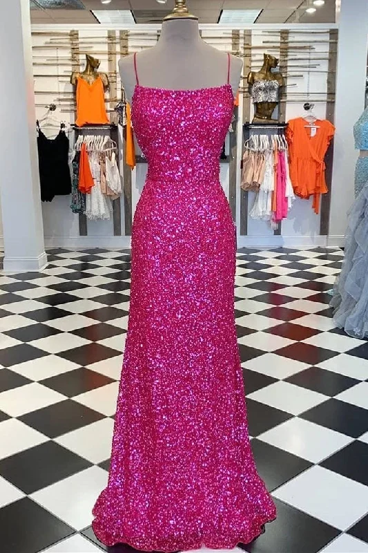 Neon Pink Sequin Mermaid Long Formal Dress Sequin Dress Look