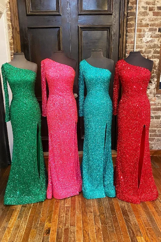 One Shoulder Long Sleeve Mermaid Sequin Long Dress Sequin Dress Sexy