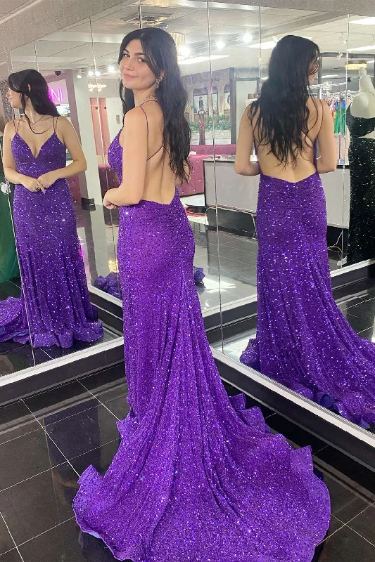 Purple Sequin V-Neck Open Back Mermaid Long Prom Dress Y1670 Elegant Sequin Dress