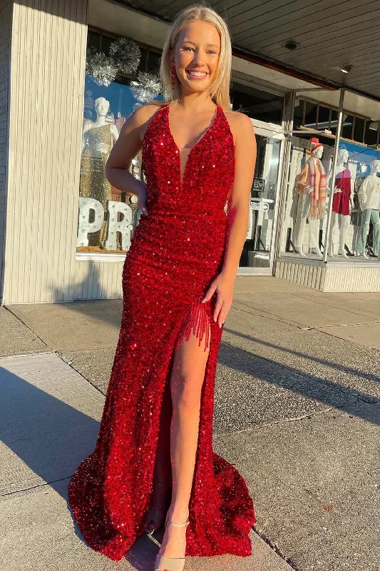 Red Sequin Fringe Mermaid Long Prom Dress with Slit Sequin Backless Dress