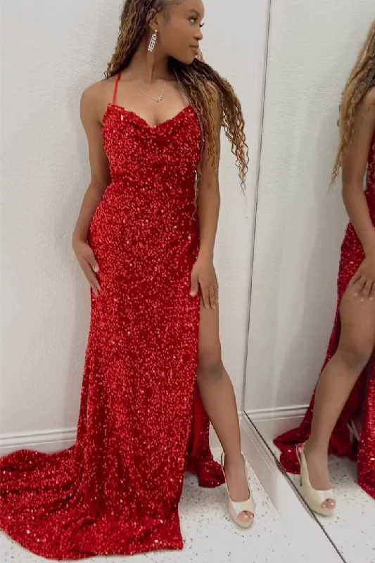 Red Sequin Mermaid Side Slit Long Formal Dress Sequin Mini Dress