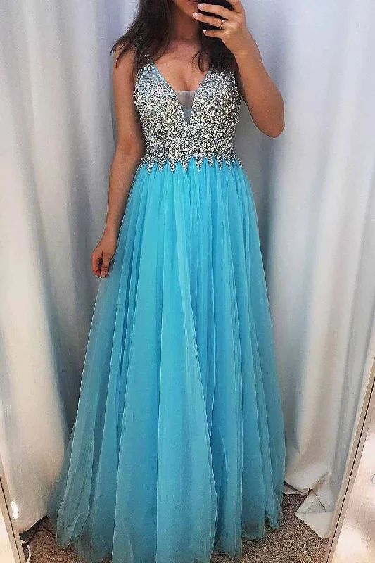 Sequined Tulle Blue Prom Dress with Illusion V Inset Sparkly Mini Sequin