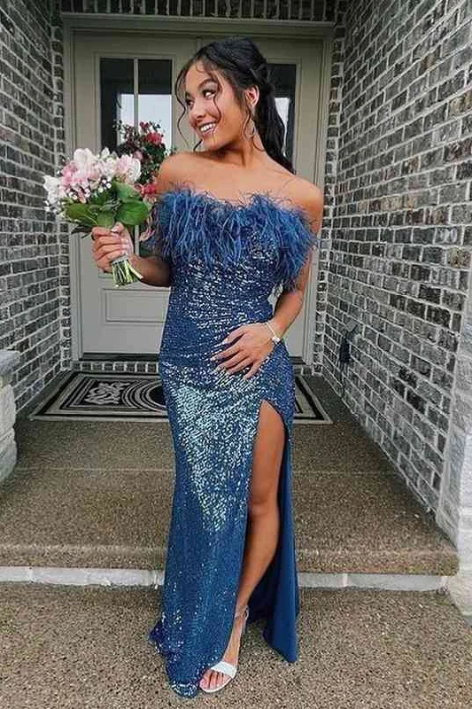 Sequins Blue Strapless Feather Long Prom Dress with Slit Y1863 Sequin Evening Dress