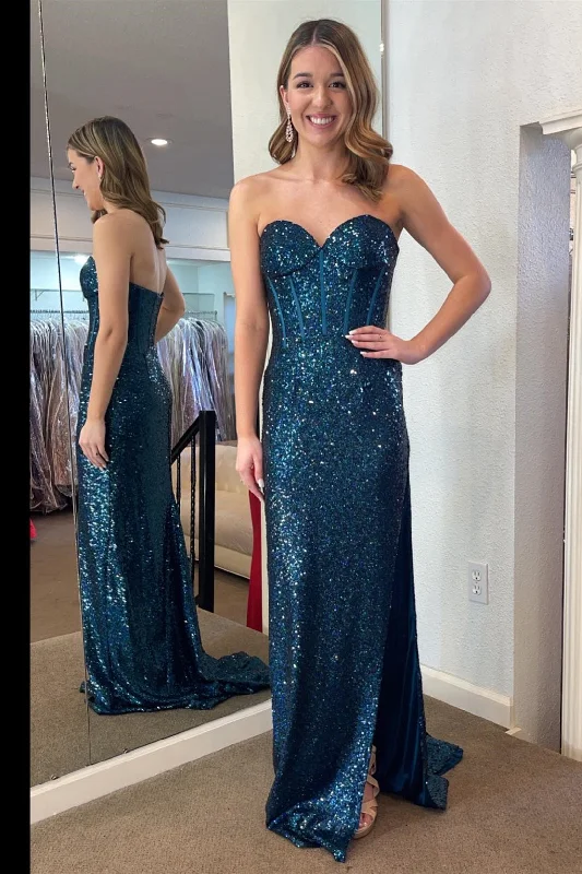 Sequins Sweetheart Long Prom Dress with Slit Sequin Dress Casual