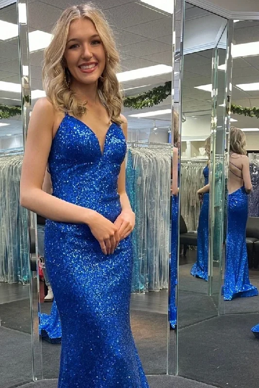 Royal Blue Sequins V-Neck Lace-Up Mermaid Long Prom Dress Sequin Dress Appeal