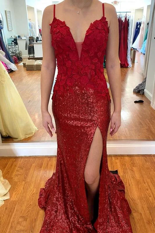 Sexy Wine Red Sequined Long Formal Dress with Slit Chic Sequin Dress