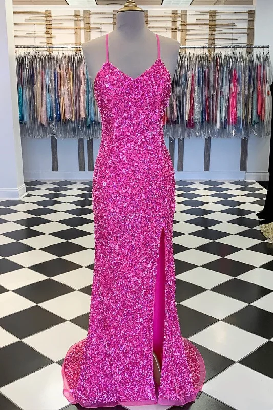 Spaghetti Straps Pink Sequin Mermaid Long Dress Sequin Dress Trend