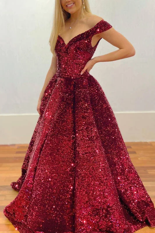 Sparkle Off the Shoulder Burgundy Sequined Long Ball Gown Sequin A-line Dress