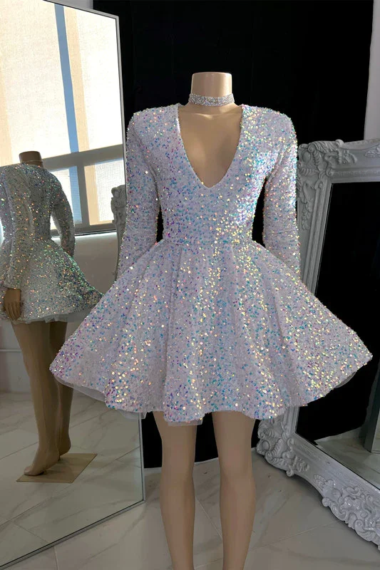 Sparkling V-neck A-line Graduation Dress With Sequins,White Short Homecoming Dress Y1951 Sequin A-line Dress