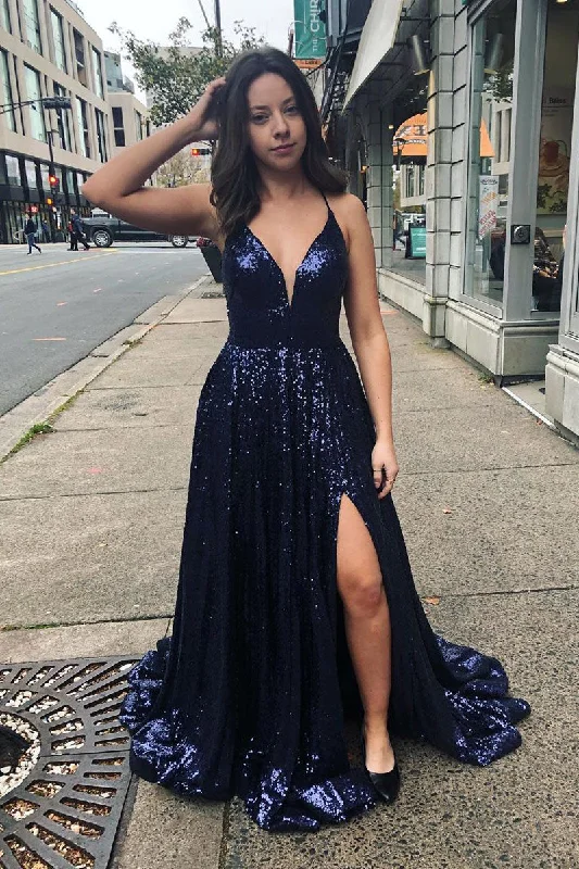 Sparkly Straps Navy Blue Sequin Long Prom Dress with Slit Off-shoulder Sequin Dress