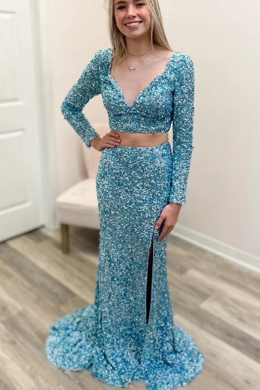 Two Piece Light Blue Sequins Long Sleeves Prom Dress Sequin Evening Dress