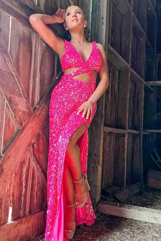 V-Neck Hot Pink Sequined Prom Dress with Slit Y1685 Bodycon Sequin Dress